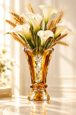 Vintage Bohemian Amber Crystal Vase-Cut to Clear Floral Glass Vase-Scalloped 6  picture