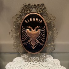 Vintage Souvenir Stela Albania Oval Metal Plaque Gold Black Hanging Plaque Decor picture
