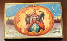 1909 Halloween Postcard Witch Black Cat Owl Jack O Lantern Embossed picture
