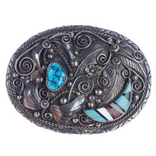 c1980's Vintage Navajo sterling, turquoise, belt buckle with Zuni inlay picture