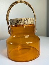 Vintage Hand Blown Takahashi Amber Glass Jar Rattan Handle Cork Lid Apothecary picture