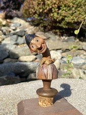 Antique Anri Hand Carved Painted Wood Bead Neck Fabric Bottle Stopper Cork Man picture
