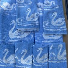 Vintage Cannon USA Blue Swan Bath Towel Hand Towel Wash Cloth Set Never Used picture