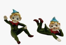 Vintage Norcrest Green Ceramic Elf Pixie Figurines Mid Century Japan Elves Lot 2 picture