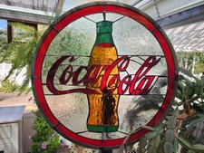 Vintage Coca-Cola Stained Glass Window Suncatcher Round Medallion Style 20 Inch picture