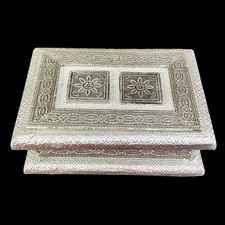 Vintage Embossed Tin Wrapped Jewelry Trinket Box Ornate Silver Tone Repoussé 7” picture