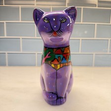 Hand Painted Purple Cat Figurine Mexican Folk Art Style Ceramic 8