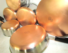 VINTAGE REVERE WARE POTS, PANS, SKILLET, ALL WITH LIDS COPPER CLAD MADE IN USA picture
