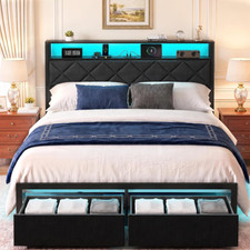 Queen Bed Frame with LED Lights, Charging Station & 2 Storage Drawers, Metal Pla picture