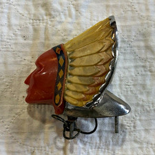 Vintage Metal Illuminated Native American Head Headdress Hood Ornament Emblem picture