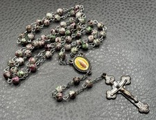 Vintage Creed Rosary Necklace Enamel Speckled Painted Beads Crucifix Cross 27” picture