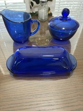 VTG Anchor Hocking Cobalt Blue Creamer & Covered Sugar Bowl Butter Dish Set MINT picture