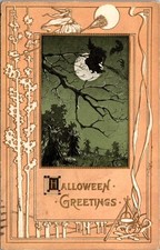 Antique Halloween Postcard Witch Broomstick Full Moon TRC T Rose Co c1910s picture