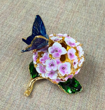 Jeweled Butterfly Hydrangea Flower Trinket Box Enamel Rhinestone Gold Tone picture