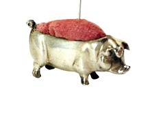 Silver Pig with Pink Velvet Cushion Vintage 1930s Metal Pin Cushion 1-3/4-inch picture