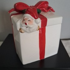 Fitz & Floyd Holt Howard Style Christmas Box 3” Santa Peeking Bow Vtg picture