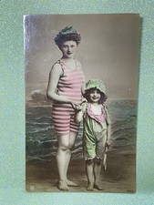 Antique Edwardian Hand tinted Beach Swimwear Scene Photo Postcard RPPC picture