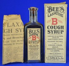 ANTIQUE c1908 BEE'S LAXATIVE COUGH SYRUP BOX, INSERT AND UNUSED BOTTLE - DeWitt picture