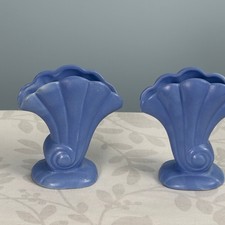 Vintage Red Wing Pottery Fan Vases Pair Blue Art Deco #897 MCM 1950s picture