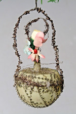 VTG Antique Glass Crinkle Wire FLOWER Vase Basket Drop Christmas Ornament German picture