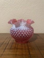Vintage Fenton Hobnail Cranberry Opalescent Glass 5” Double Crimped Vase 1940’s picture