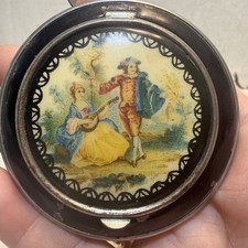 Vintage Round Black Enamel Hinged Compact  w/ Courting Couple Design picture