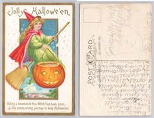 Jolly Halloween Witch Jack O'Lantern Embossed Postcard c.1910s Shelbyville IND picture