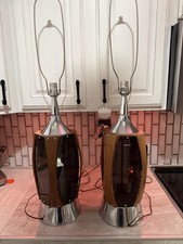 2 MCM LAWRIN vtg table lamp pair chrome walnut smoked lucite ,flicker lights  picture
