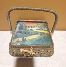 Vintage Wicker Sewing Basket Box WITH CONTENTS Notions Singer Best Maid Cat picture