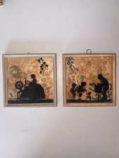 Two Vintage Glass Milkweed and Wildflower Framed Silhouettes- Mother and Child picture