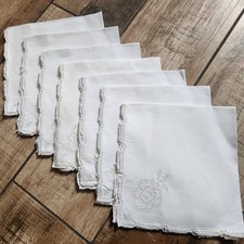 Vintage White Linen Napkins Set of 7 Hand Embroidered Rose Crochet Lace Edge Vtg picture