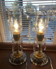 Pair Of Vtg HOLLYWOOD REGENCY Boudoir Table Lamps Brass&Glass Prisms picture