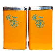 Vintage 1970s MCM Orange Metal Flour Sugar Canisters Set USA Blue Daisy Floral picture