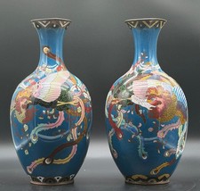 Pair of Vintage Cloisonné Vases Dragons w/Blue Background picture