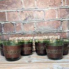 Vintage Italian Green Glass Tumblers W/ Leather Sleeves MCM Barware Set of 6 picture