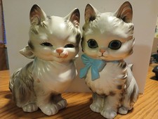 Vintage Mid Century Chalkware / Porcelain Cat Duo Adorable picture