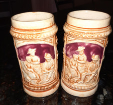2 Vintage Maruhon Ware Japan Ceramic Beer Stein Mugs Relief Tavern Scene NO388 picture