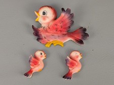Vtg Japan Anthropomorphic 3 Bird Wall Plaques MCM Kitsch / Pink Wall Hanging picture