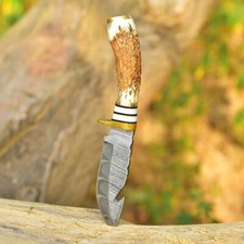 VINTAGE HANDMADE DAMASCUS STEEL SKINNING KNIFE HUNTING STAG HORN GUT HOOK BLADE picture