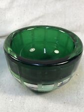 Emerald Green Engraved Art Glass Bowl Etched Glass Bowl Plaid Pattern picture