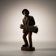 Vintage Hand Carved Wooden Man Figurine Folk Art Sculpture Bundle Sticks 13.5 in picture