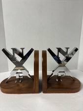 Vintage Chrome Metal NF Monogram Bookends Wood Bases Heavy 7.5” Pair picture