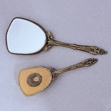 Vtg Gold Tone Vanity Set Hand Mirror Hair Brush Filigree Hollywood Regency Peach picture