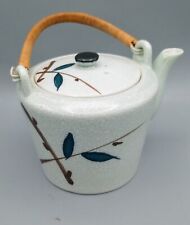 Vintage Small Pottery Ceramic Tea Pot  Bamboo Handle, Hand Painted Made Japan picture
