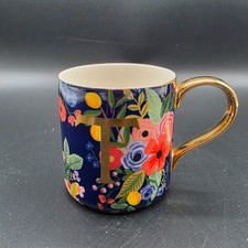 Rifle Paper Co Anthropologie Floral Monogram T Mug Navy Blue Gold Handle picture