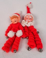 VTG Handmade Curly Crocheted Christmas Elf Pixie & Santa Set of Two picture