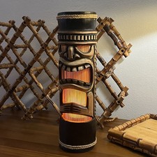 VTG Bamboo Tiki Reptile Man Carved Table Lamp MCM Tiki Bar Tropical Light 16” picture