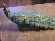 Vintage MCM Ceramic Turquoise Peacock Vibrant Crackle Glaze Finish 17 Inches picture