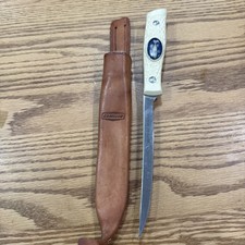 Vintage Camillus 1006 American Wildlife Fillet Knife Sid Bell Pewter Bass Sheath picture
