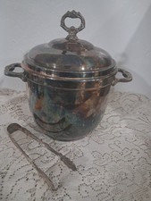 Vtg Sheridan Silver plate Insulated Ice Bucket Milk Glass Liner & Tongs Barware picture